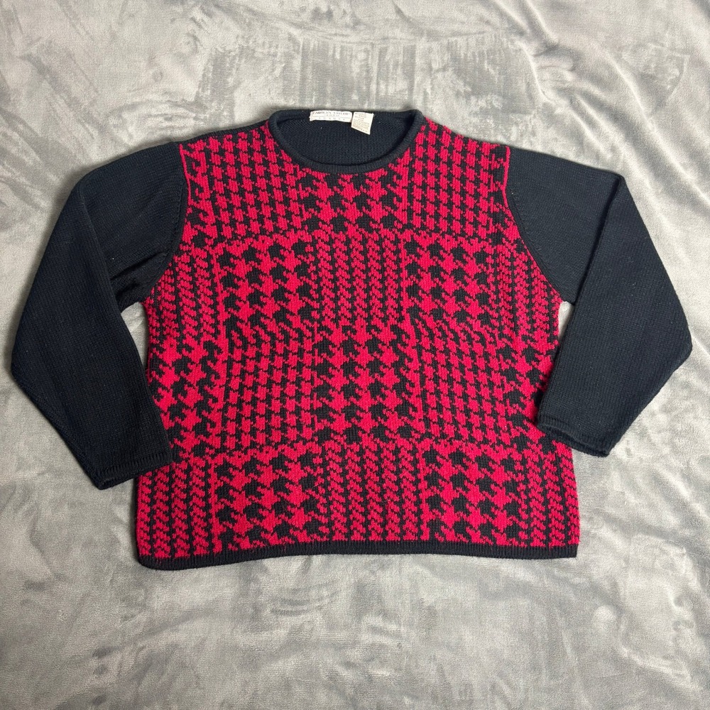 Carolyn Taylor For Womens L Red Black Houndstooth Sweater Preppy Retro Statement